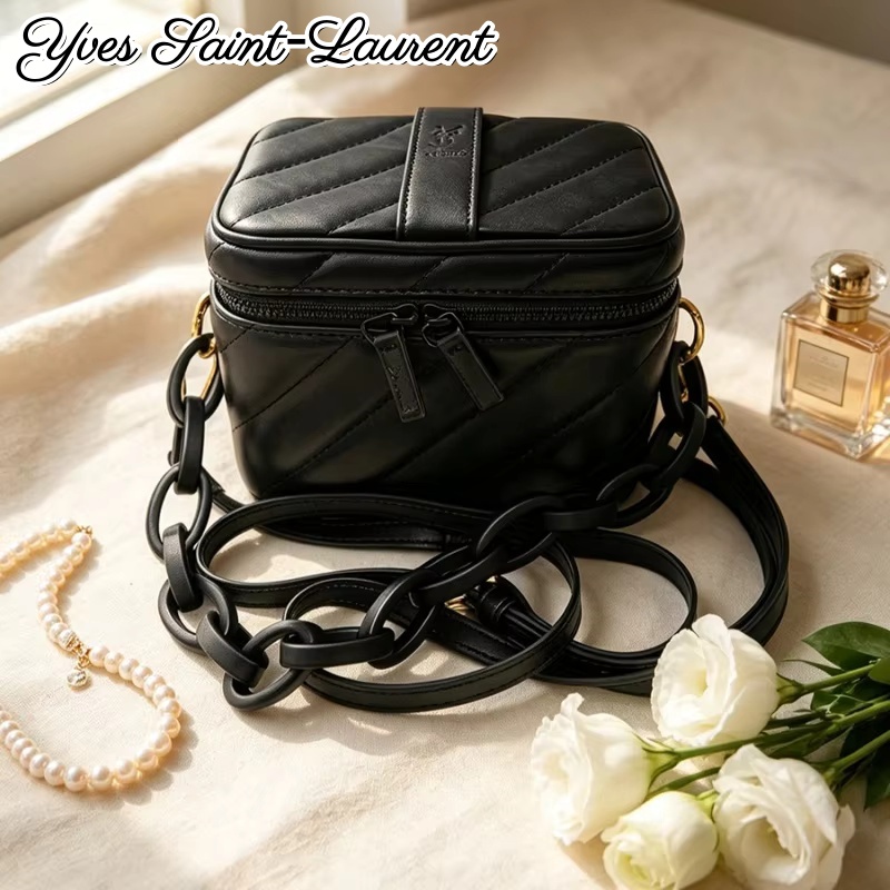 Women'S Ysl Bags Crossbody - حقيبة مكياج مربعة من الجلد الأسود