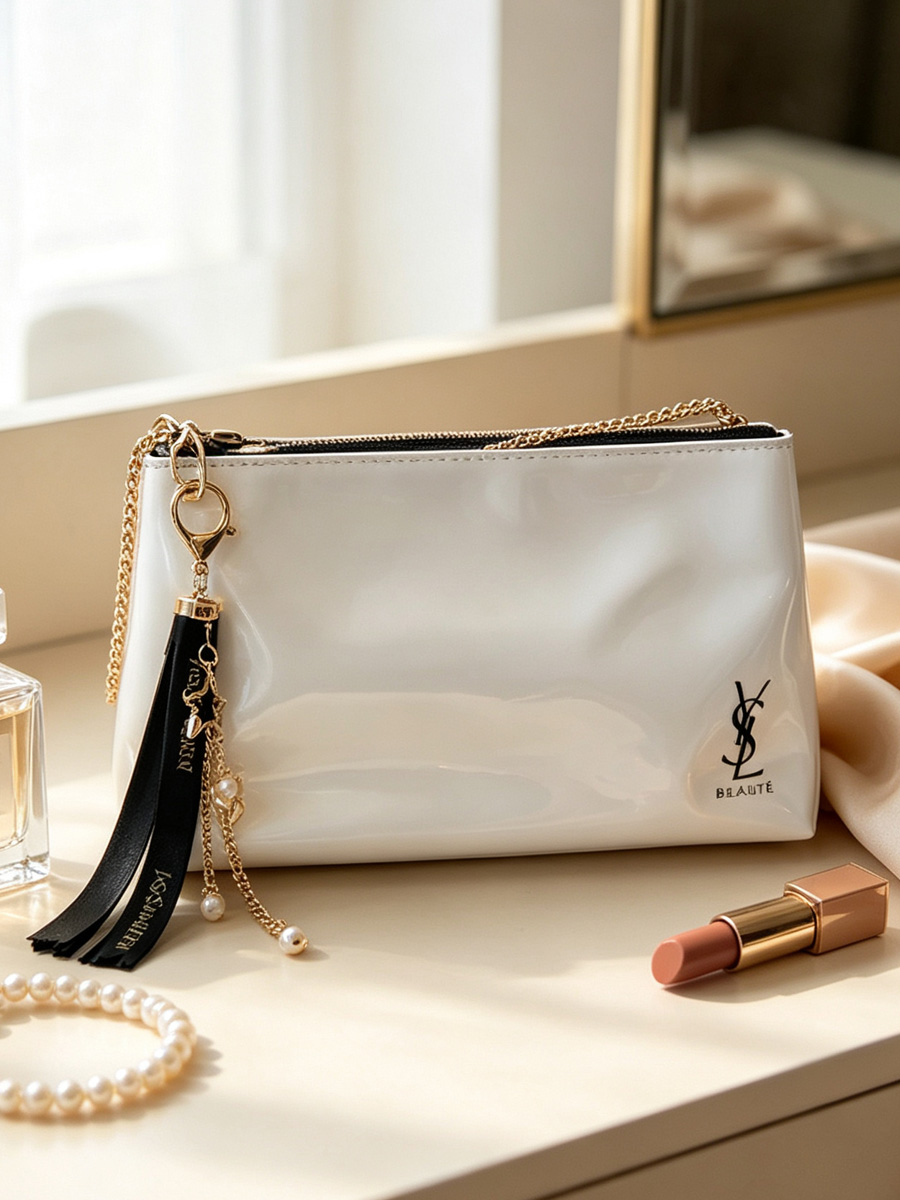 Women'S Ysl Bags Crossbody - حقيبة مكياج YSL بيضاء لامعة بسحاب،